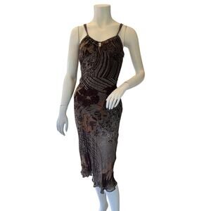 Eva Blue Brown Floral Beaded Handkerchief Hem Midi Dress Rayon Size 6 Boho
